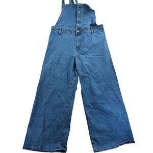 Vintage Womens Denim Overalls L Classic Wide Leg Blue Casual Retro Button Front